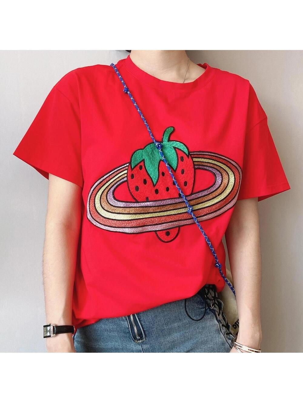 Strawberry Embroidery Tee Globe Space Earth